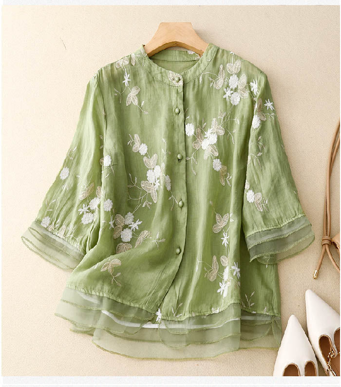 Idyll | Button-Down Floral Blouse with Layered Hem for Women
