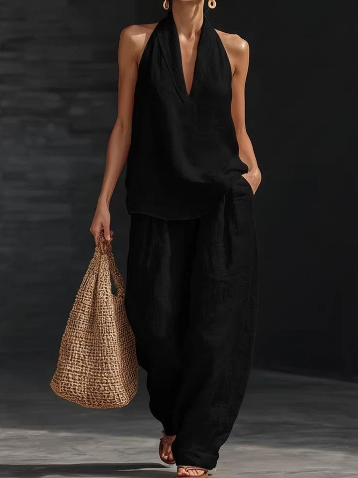 Lila V-neck Sleeveless Top and Wide-leg Pants Set