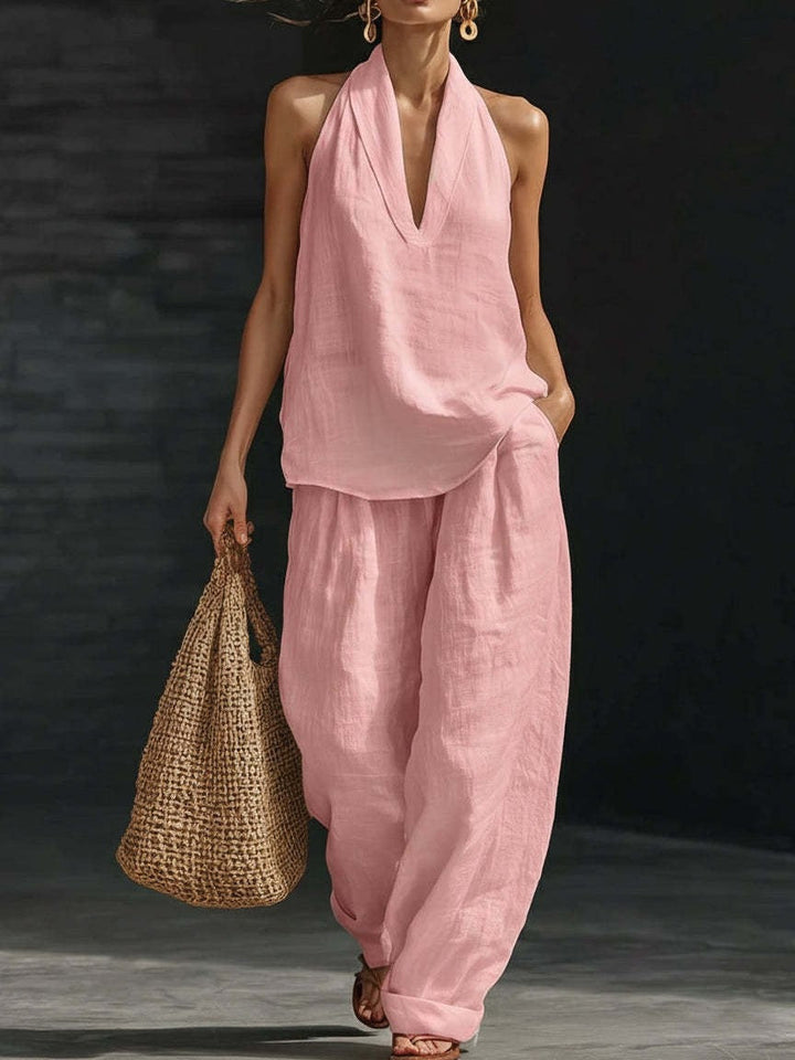 Lila V-neck Sleeveless Top and Wide-leg Pants Set