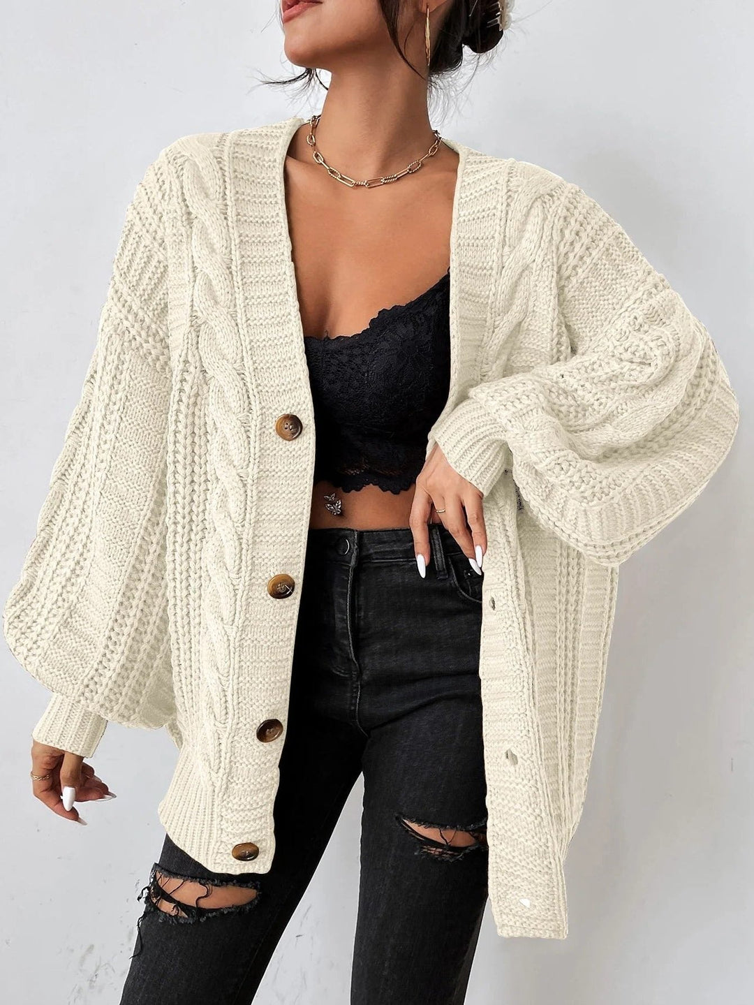 Zaina | Cable Knit Oversized Button-Down Cardigan for Women